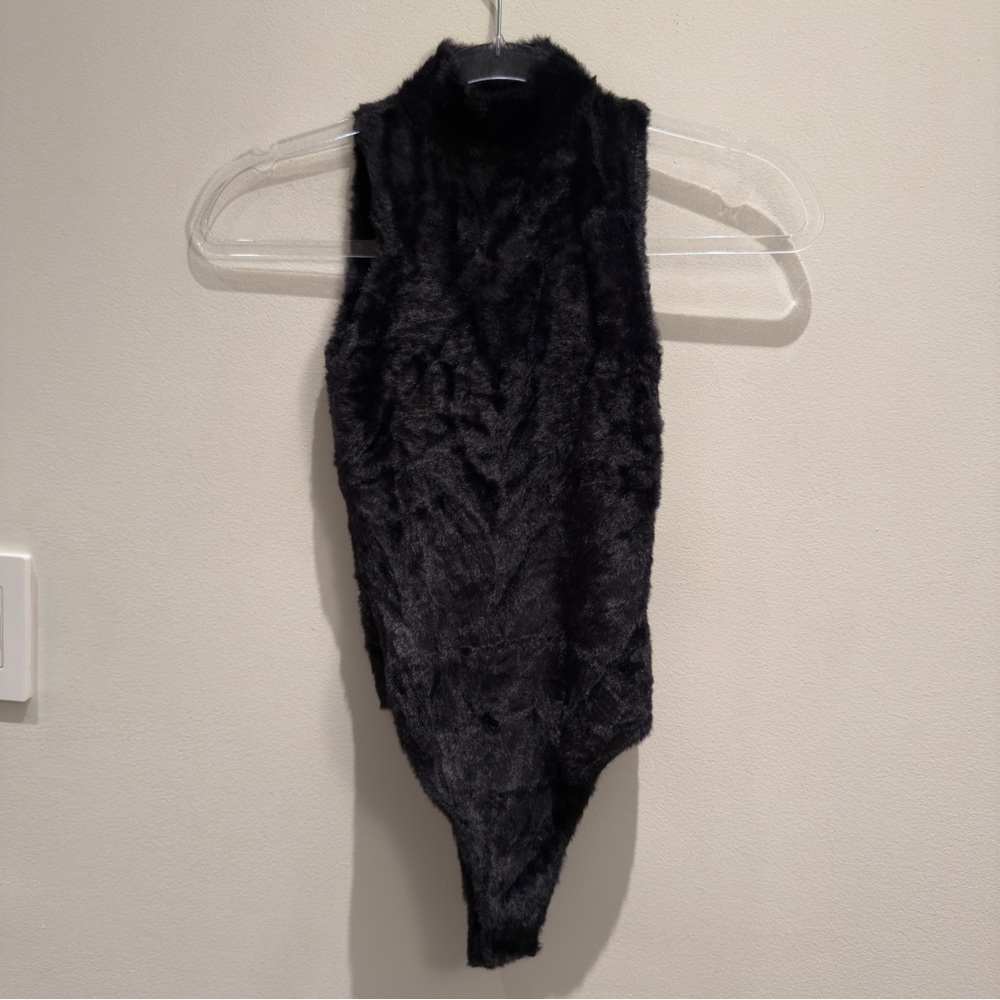 Maniere De Voir - Black Faux Fur Bodysuit Size Small Women’s